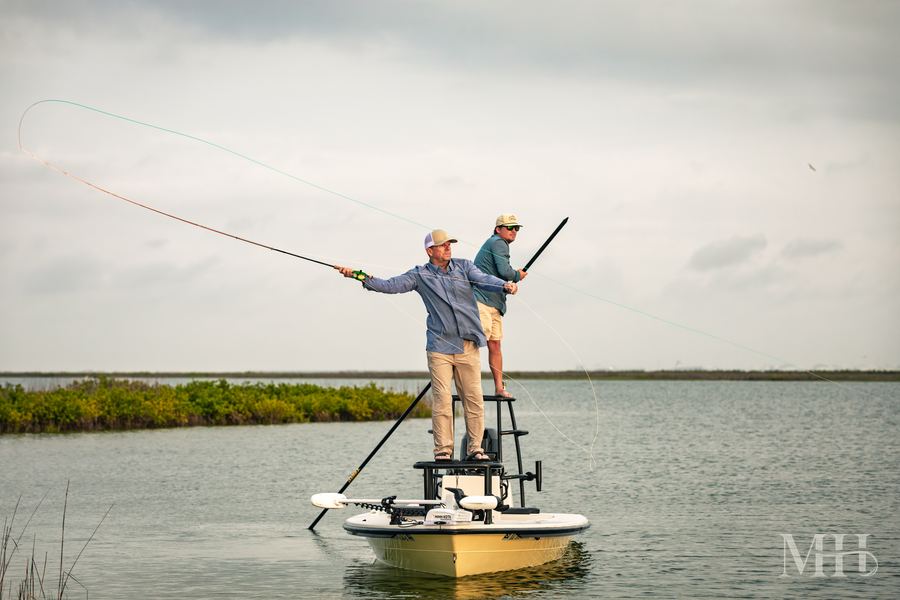 Captain Hunter Campbell on the fly fishing skiff, Texas Coastal Bend